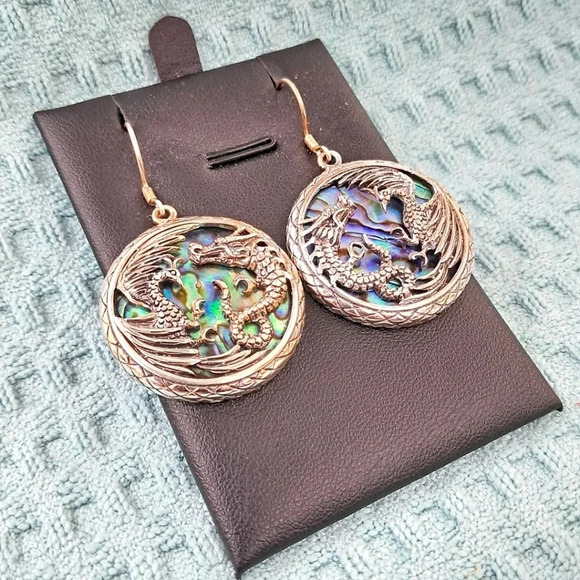 Abalone 925 Sterling Silver Phenix & Dragon Earrings - Picture 3 of 6